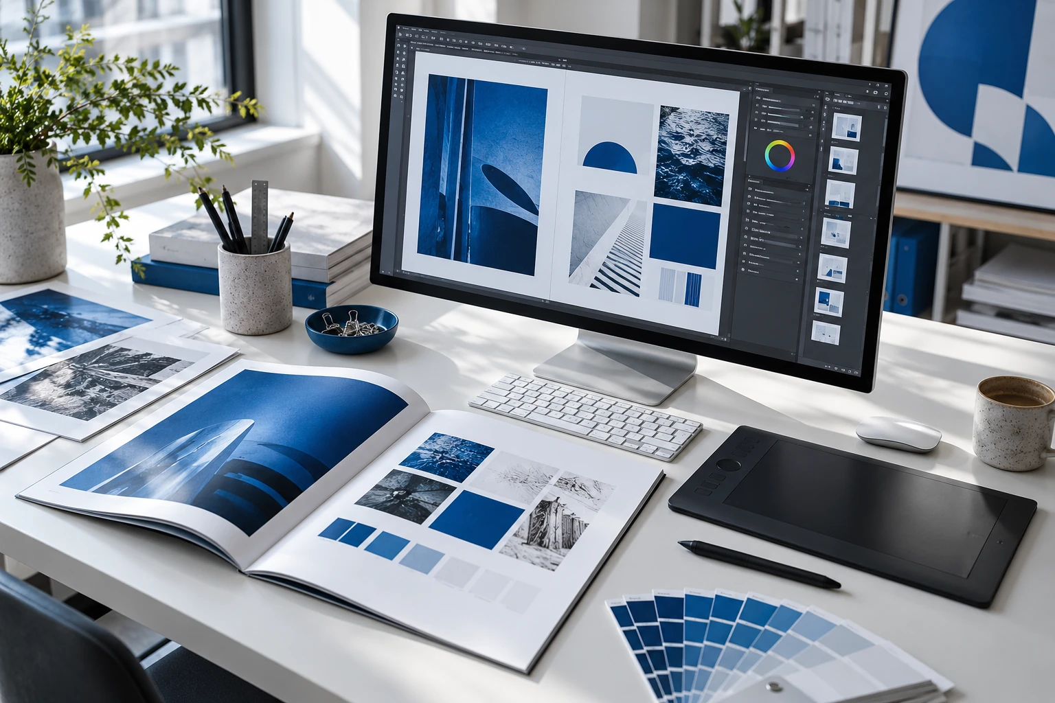 Illustrativ bild av modernt grafiskt formarbete i en designstudio