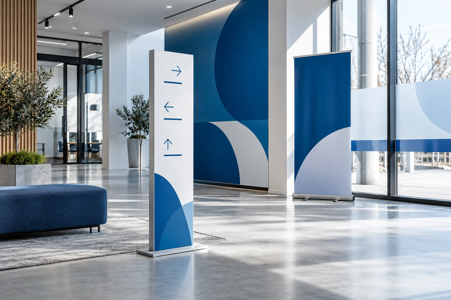 Illustrativ modern skyltning med mässmaterial och fönsterdekor